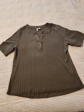 Cato Women's Olive Green Henley Ribbed Knit Top Large Stretchy Casual